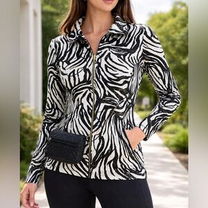 JM Collection Zebra Print Sport Jacket Gold Accent Zip Up Size M